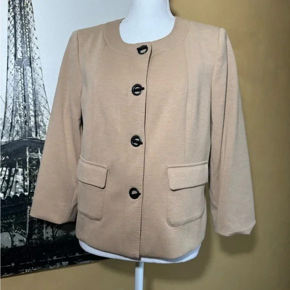 Calvin Klein Tan Collarless Button Jacket with Black Buttons - Picture 1 of 4